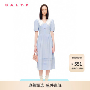 收腰条纹连衣裙夏 SALT.P可颜蕾丝边娃娃领减龄泡泡袖