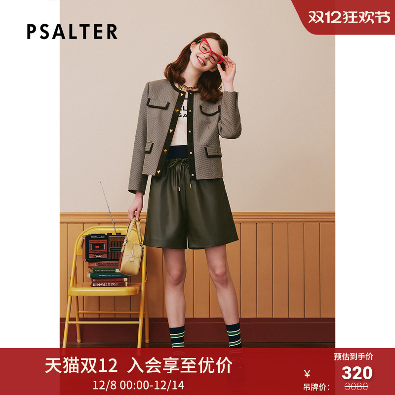 PSALTER诗篇秋宽松圆领学院小香风千鸟格羊毛短外套
