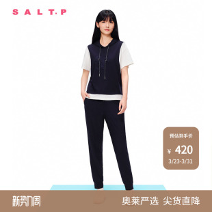 夏款 SALT.P可颜撞色拼接学院运动风短袖 连帽卫衣针织衫