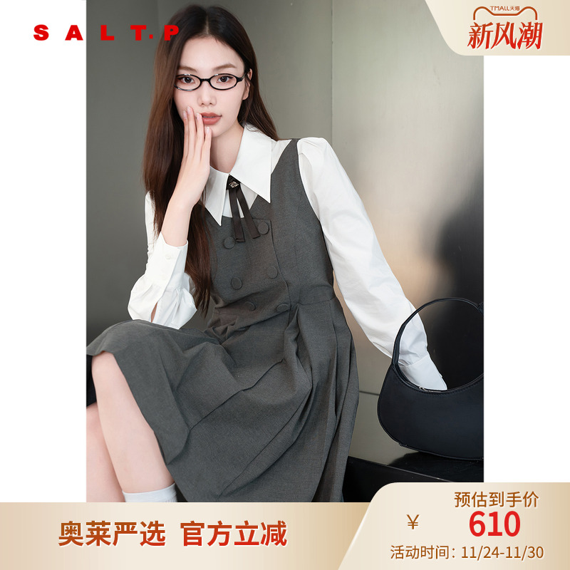 SALT.P可颜翻领假两件格雷系学院感蝴蝶结连衣裙秋款