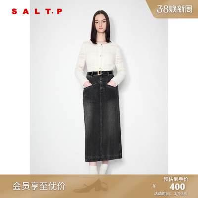 SALT.P可颜简约百搭圆领镂空提花格纹毛针织衫秋
