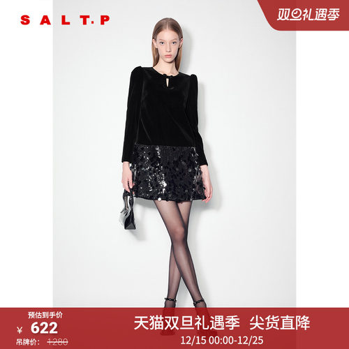 SALT.P可颜丝绒亮片拼接蝴蝶结复古千金玛德琳连衣裙冬款