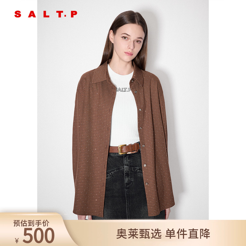 SALT.P可颜宽松翻领复古咖啡色烫钻格纹长袖衬衫秋款