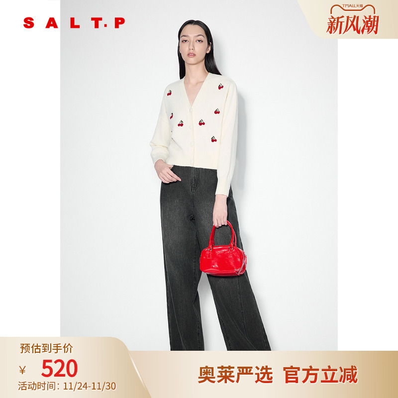 [樱桃可可]SALT.P可颜v领甜美学院风樱桃刺绣开衫毛针织衫2024秋