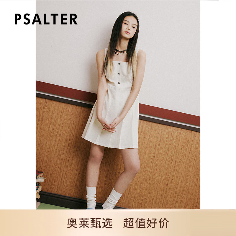 【奥莱2折】PSALTER诗篇夏方领修身显瘦肌理百褶连衣裙
