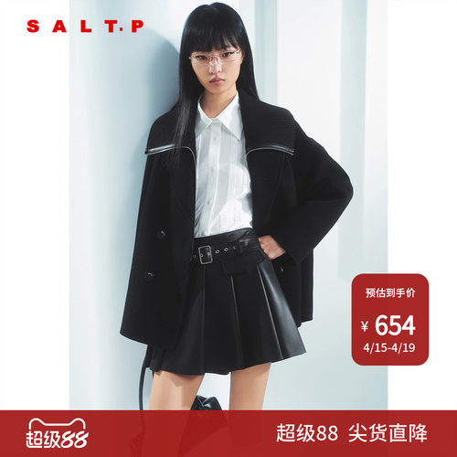 【100%绵羊毛】SALT.P可颜大翻领拼皮复古时髦毛呢外套冬款