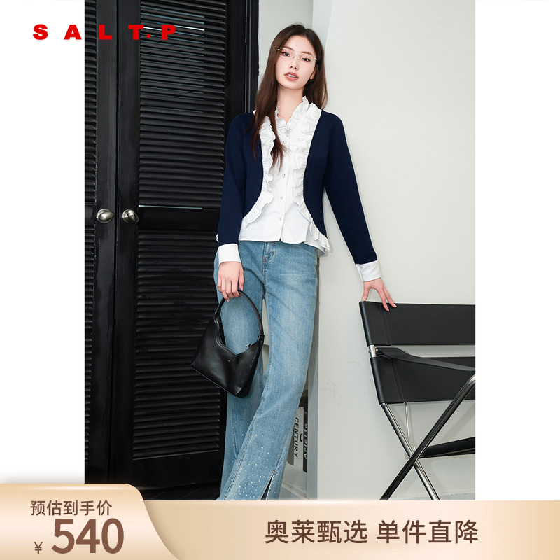 SALT.P可颜2024秋v领荷叶边衬衫撞色拼接假两件毛针织衫