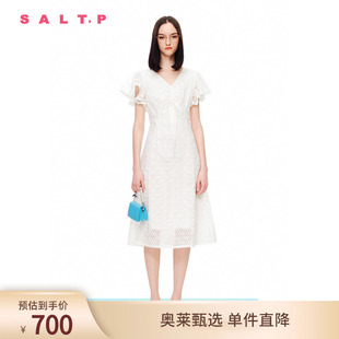 SALT.P可顏v領(lǐng)浪漫荷葉袖 收腰鏤空蕾絲連衣裙2024夏