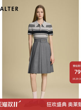诗篇专选灰色条纹Polo翻领短袖拼接百褶连衣裙z