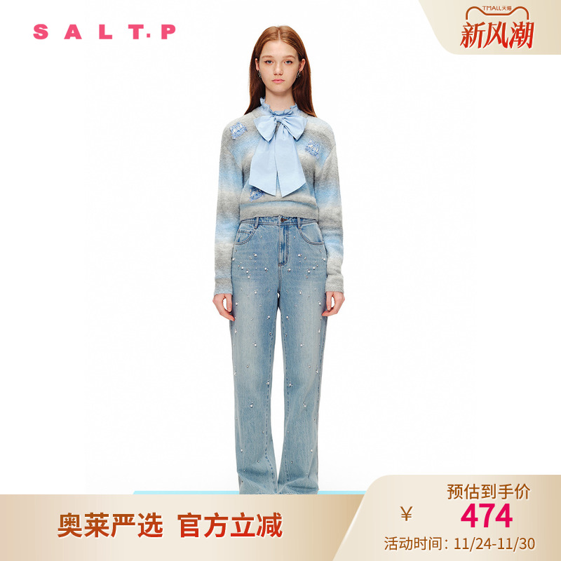 SALT.P可颜2024春学院小怪物绣花可拆卸蝴蝶结渐变针织衫