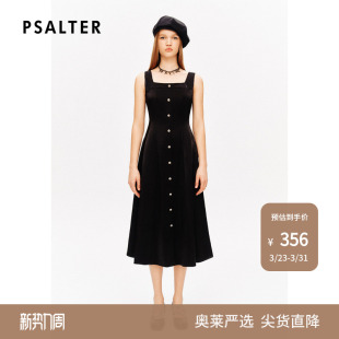 PSALTER诗篇方领高腰缎面光泽感无袖 小黑裙连衣裙秋款