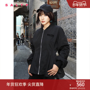 SALT.P可颜秋季黑色拉链褶皱飞行夹克外套女