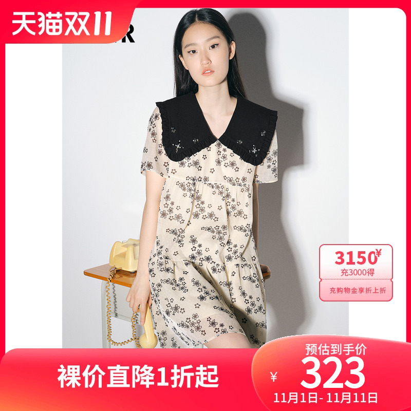 诗篇可颜女装2022夏季新款宽松披肩v领碎花雪纺娃娃裙连衣裙