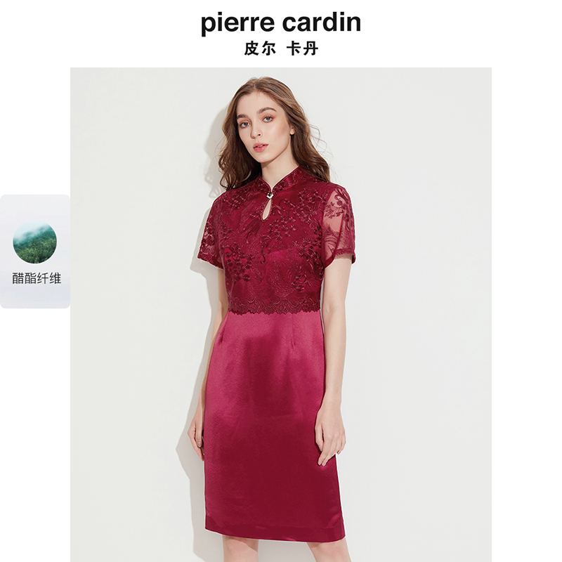 重工蕾丝刺绣缎面礼服连衣裙