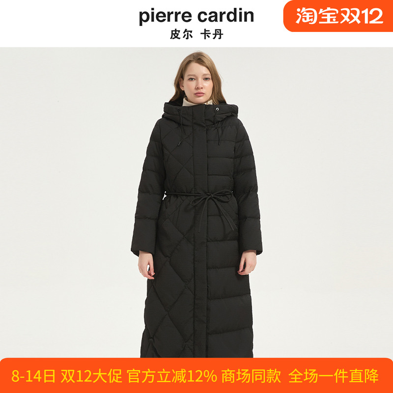 皮尔卡丹女装冬季新款黑色白羊绒连帽系带收腰羽绒服CD54YL036B0