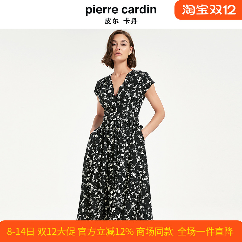 皮尔卡丹女夏季新款黑花色短袖V领系带收腰显瘦连衣裙CD2DS030B0