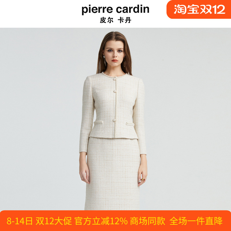 皮尔卡丹女秋新款浅驼色假两件小香风气质优雅连衣裙P4342E4015M0