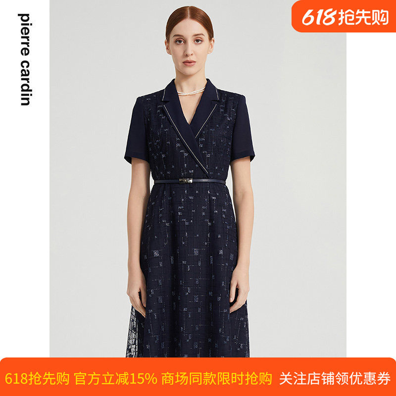 商场同款皮尔卡丹女装春夏季新款刺绣蕾丝西装连衣裙P2219D2042N0
