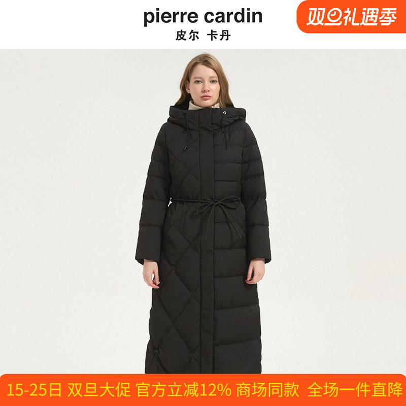 皮尔卡丹女装冬季新款黑色白羊绒连帽系带收腰羽绒服CD54YL036B0