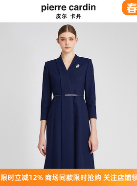 皮尔卡丹女装秋冬新款加厚羊毛裙A字裙V领收腰连衣裙P2410E2880N0