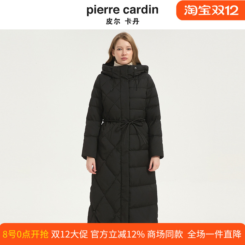 皮尔卡丹女装冬季新款黑色白羊绒连帽系带收腰羽绒服CD54YL036B0