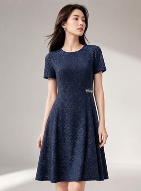 皮尔卡丹女装夏季新款蓝色短袖圆领A字裙通勤连衣裙P4240D4014N0