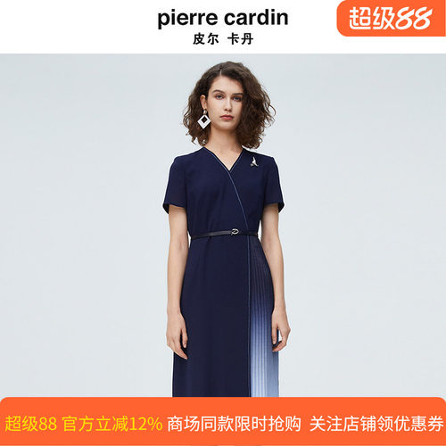 皮尔卡丹女装夏季新款时尚V领百褶拼接法式连衣裙P4213D4034N0