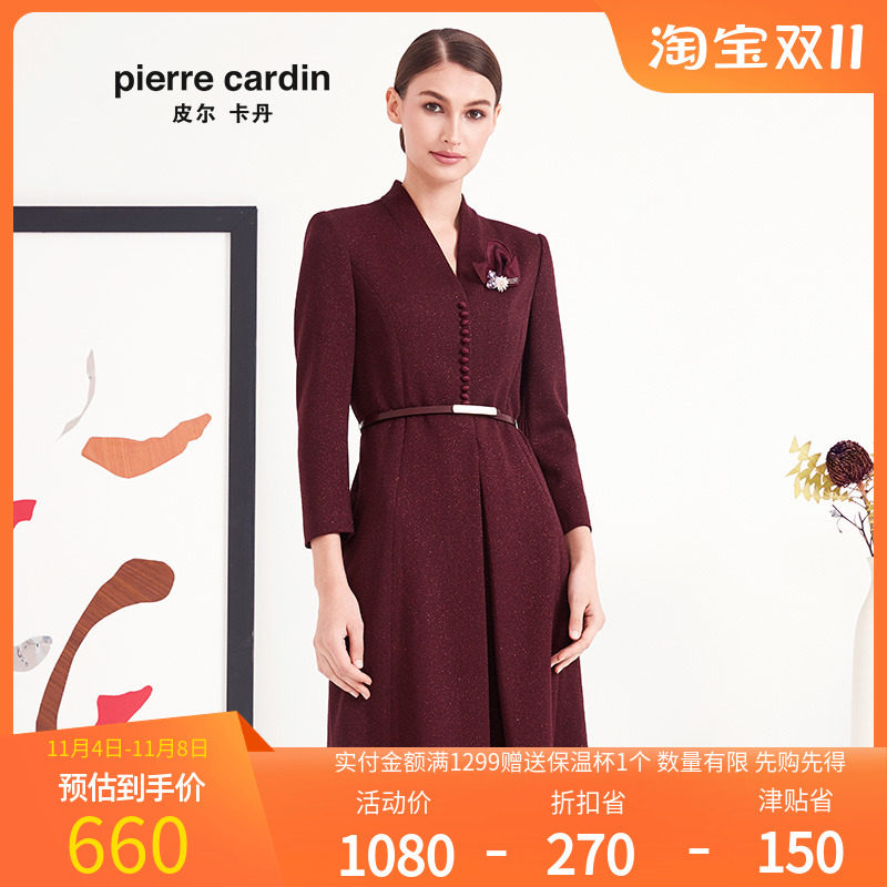 皮尔卡丹女装2022秋冬新款酒红色长袖v立领连衣裙显瘦P93DL23T2使用感如何?