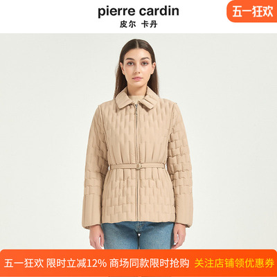 皮尔卡丹女冬新款卡其色翻领格状收腰显瘦保暖羽绒服CD54YS013K0