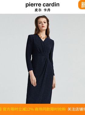 皮尔卡丹女装秋季新款长袖藏蓝色V领显瘦时尚连衣裙P4340E4996L0