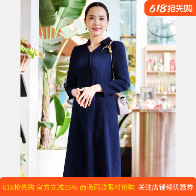 皮尔卡丹女春法式藏蓝色连衣裙女