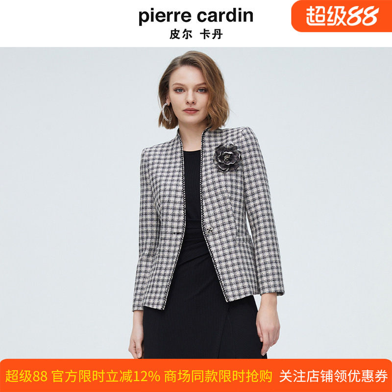 皮尔卡丹女装秋季新款香风粗花格子职场西装通勤上衣P4111U4049B3