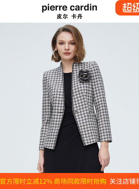 皮尔卡丹女装秋季新款香风粗花格子职场西装通勤上衣P4111U4049B3
