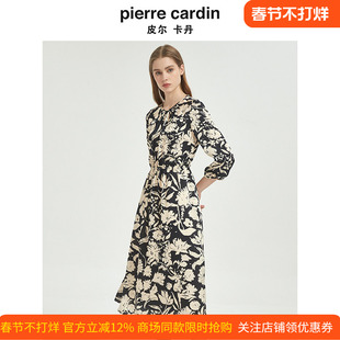 皮尔卡丹女装夏季法式莉香风浅收腰优雅印花连衣裙设计感