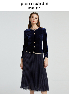 皮尔卡丹女装蓝色假两件丝绒百褶拼接沉稳气质连衣裙P4320E4981N0
