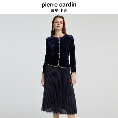 皮尔卡丹女装蓝色假两件丝绒百褶拼接沉稳气质连衣裙P4320E4981N0