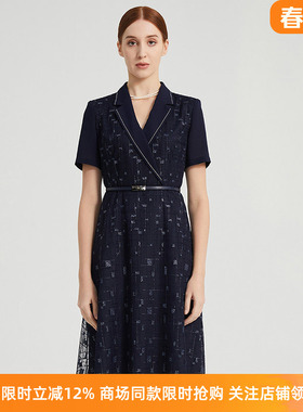 商场同款皮尔卡丹女装春夏季新款刺绣蕾丝西装连衣裙P2219D2042N0