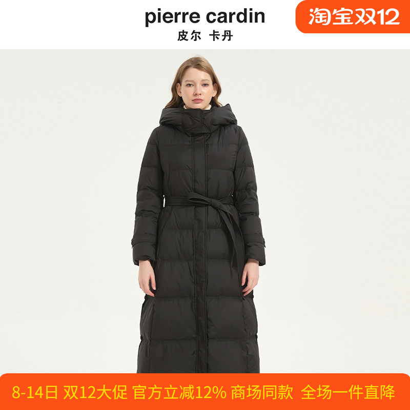 皮尔卡丹女装冬季新款中长款系带收腰连帽女士羽绒服CD54YL030B0