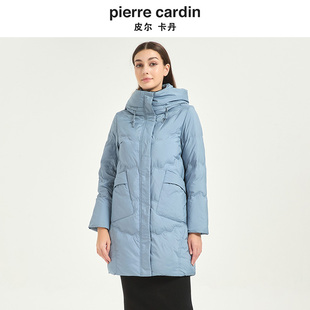 皮尔卡丹女冬季新款蓝色中长款连帽鸭绒时尚加厚羽绒服CD54YH017