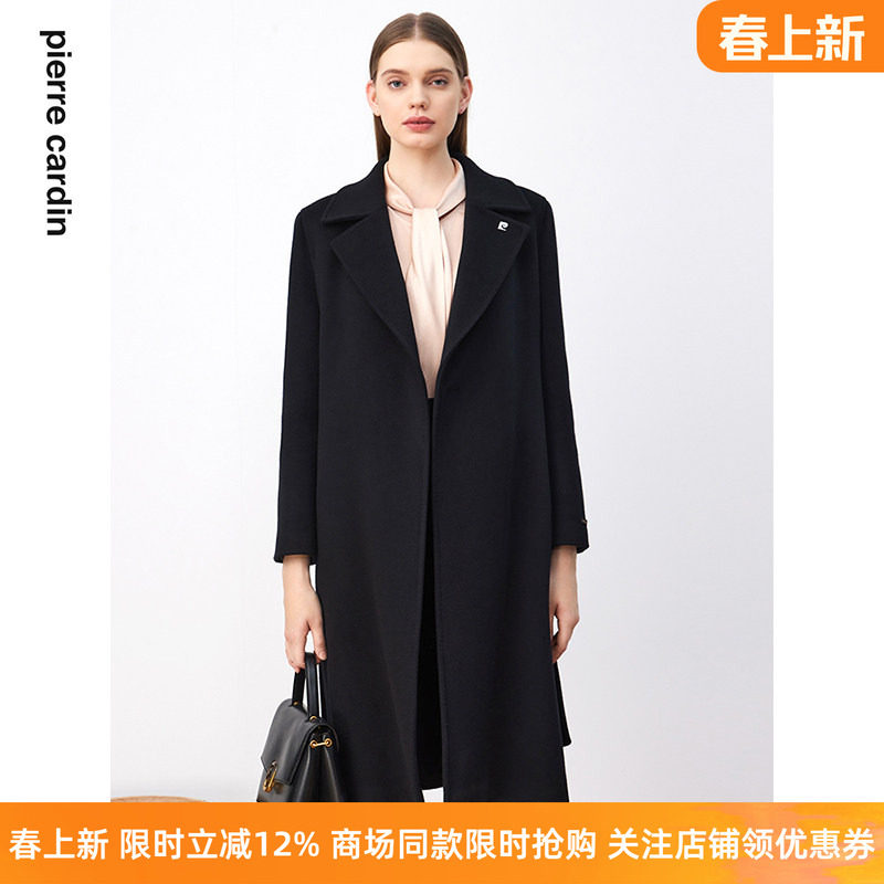 商场同款皮尔卡丹女装毛呢外套高级感黑色高原山羊绒法式大衣