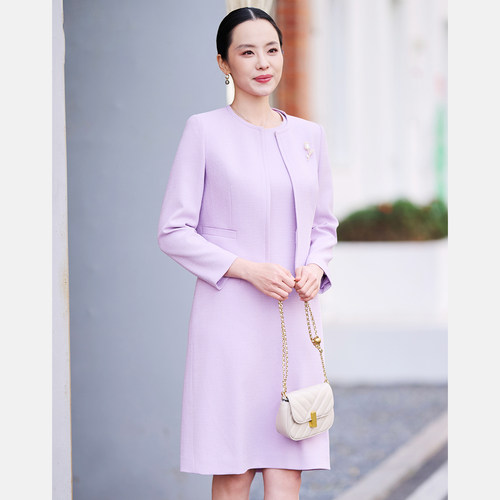 皮尔卡丹三醋纤紫色无袖连衣裙