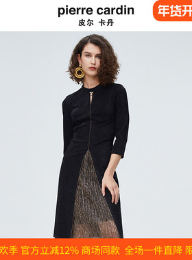 皮尔卡丹女装秋季新款长袖黑色圆领拼接小众连衣裙P4123E4071B0