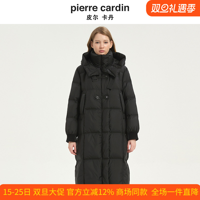 皮尔卡丹女装冬季新款黑色中长款白鸭绒连帽羽绒服CD54YL034B0