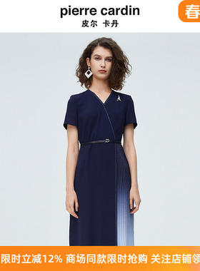 皮尔卡丹女装夏季新款时尚V领百褶拼接法式连衣裙P4213D4034N0