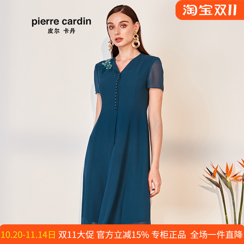 商场同款皮尔卡丹女装季新款蓝色短袖V领A字裙绣花裙子