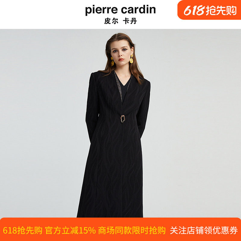 皮尔卡丹女秋季新款黑色中长款长袖风衣时尚气质外套P4355G4997B0