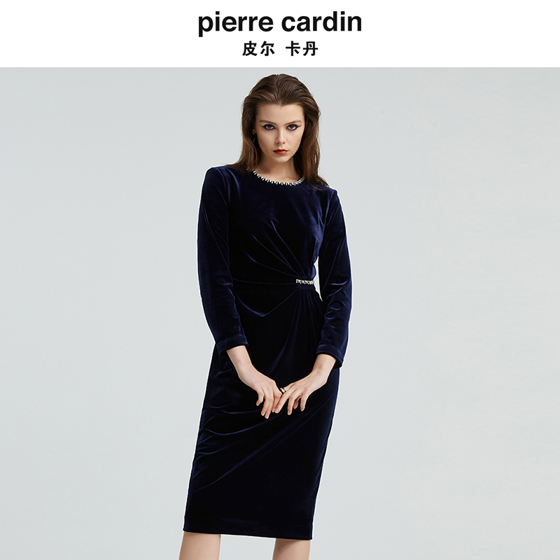 皮尔卡丹女高端轻奢质感蓝色丝绒宴会礼服通勤连衣裙P4320E4958N0