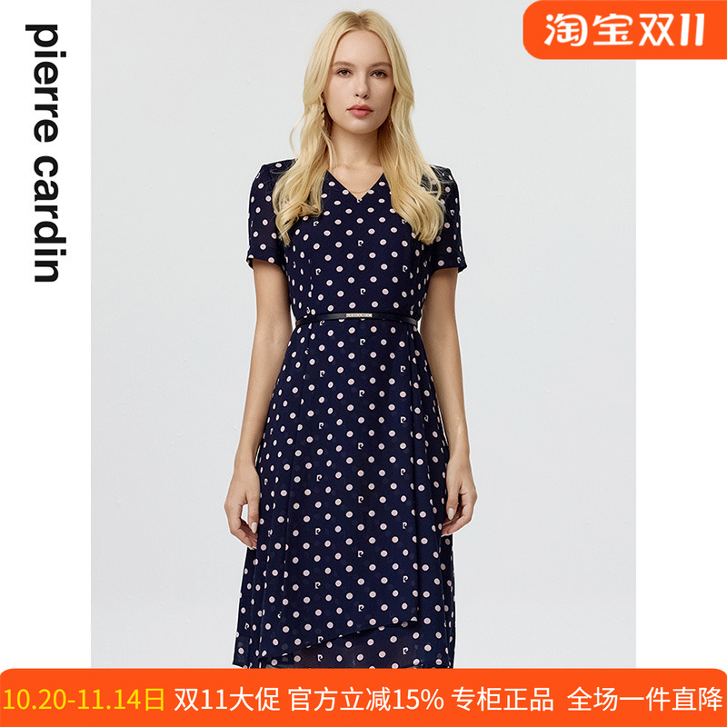 商场同款皮尔卡丹女装连衣裙藏蓝色V领波点收腰短袖碎花裙
