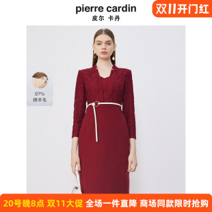 商场同款皮尔卡丹女装淑女蕾丝拼接毛呢通勤复古修身连衣裙