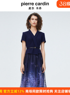 【醋酸】皮尔卡丹女蓝色短袖蕾丝拼接气质浪漫连衣裙P4221D4105N3